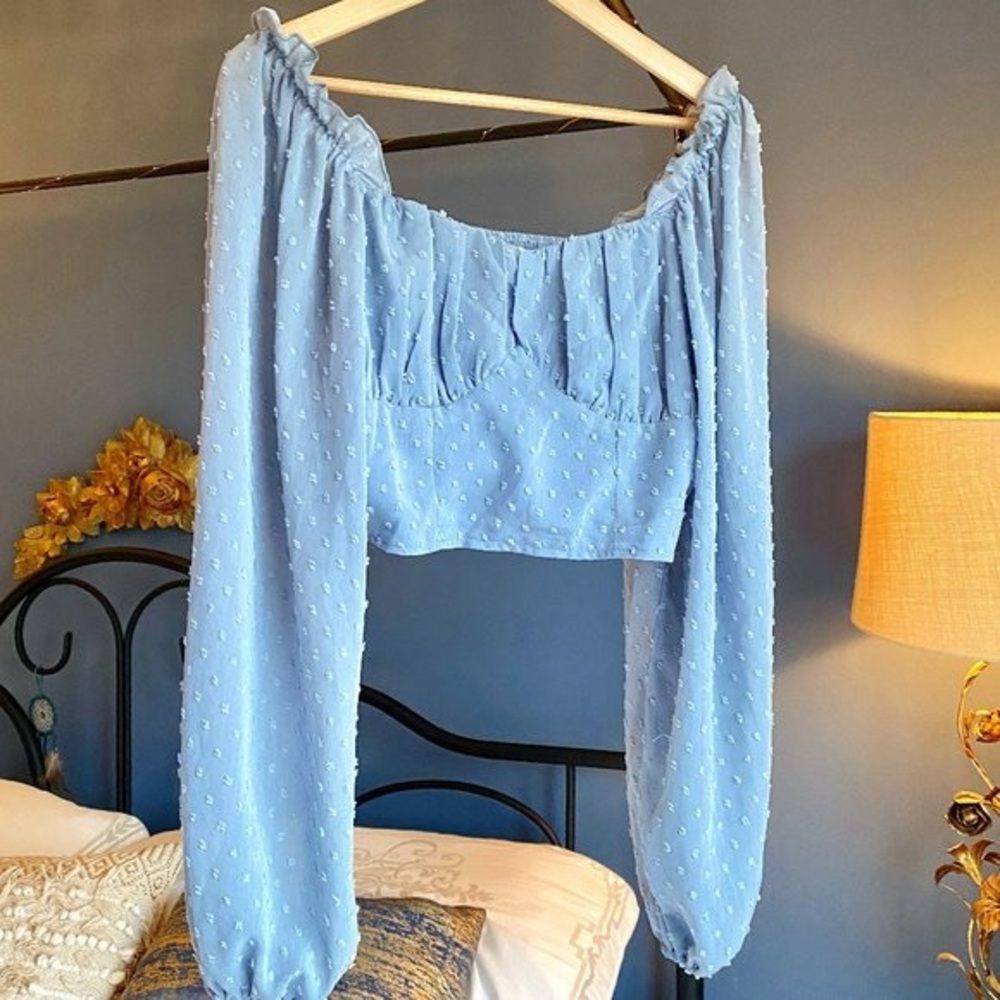 3 For 25 Light Blue Swiss Dot Cropped Milkmaid Blouse